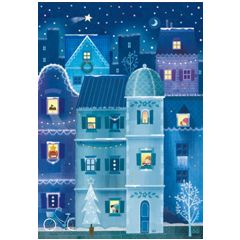 038.22390 kerstkaart busquets -  huis met kinderen blauw | Mano cards groothandel
