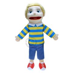 PC002051 People Puppet Buddies - Medium  - blauw-gele trui - handpop | The Puppet Company | Mano cards groothandel